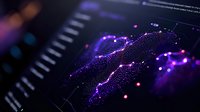 Abstract digital visualization with glowing purple particle wave network on dark background, featuring connected dots and lines forming dynamic data patterns.