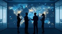 Business professionals silhouettes discussing global network connections in modern office with world map hologram display for corporate presentations.
