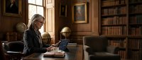 Mature woman with long gray hair and glasses working on laptop at wooden desk in traditional library study room with bookshelves, globe, and framed artwork for professional, academic, or business concepts.