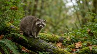 Curious raccoon sitting on mossy fallen log in lush green forest surrounded by ferns and foliage during daytime exploring natural woodland habitat.