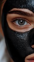 Close-up of bright blue eye with long eyelashes and defined eyebrow visible through black facial mask. Macro beauty shot showing skincare and cosmetic treatment.