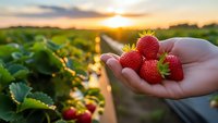Fresh ripe strawberries in cupped hands at sunset in organic farm field. Agricultural harvest concept for healthy eating and sustainable farming practices.