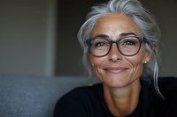 Confident mature woman with silver gray hair and stylish glasses smiling warmly at camera. Natural beauty portrait showing genuine happiness and wisdom.