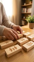 Person arranging wooden blocks with engraved symbols on desk in cozy home office setting with warm natural lighting and bookshelf background.