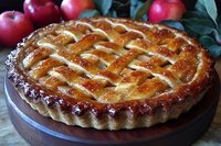 Freshly baked lattice apple pie with golden brown crust on wooden board, decorated with red apples and green leaves, showing flaky pastry texture.