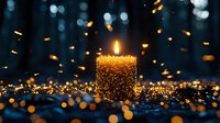 Glowing golden candle surrounded by magical sparkles and bokeh lights against dark blue background creates mystical atmosphere for spiritual concepts.