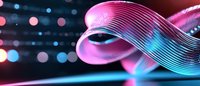 Glowing neon pink and blue wavy ribbon lines with bokeh lights on dark background create dynamic motion effect for modern technology designs.
