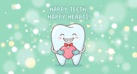 Cute cartoon tooth character holding pink heart with happy teeth happy hearts text on mint green bokeh background for dental care and oral health promotion.
