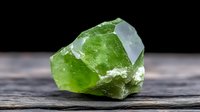 Raw peridot crystal specimen on rustic wooden surface showing natural formation, facets and translucent green color in mineral photography.
