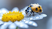 Yellow ladybug with water drops resting on white daisy petal in morning dew. Macro nature photography captures delicate details and fresh spring atmosphere.