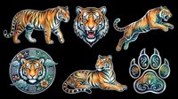 Isolated tiger clipart collection featuring six detailed illustrations including walking tiger, roaring head, leaping tiger, circular mandala design, resting tiger, and paw prints. Transparent background, ready for t-shirts, stickers, sublimation, print-on-demand designs.