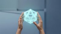 Hands holding glowing geometric holographic shape with triangular patterns, representing technology, innovation, and digital transformation concepts for business and science applications.