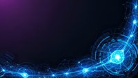 Futuristic digital technology background with glowing blue circular HUD elements and network connections on dark gradient for sci-fi designs.