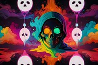Colorful skull with glowing eyes surrounded by floating skull balloons against vibrant smoke background in neon colors, psychedelic art style for modern design projects.