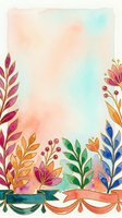 Watercolor floral border with stylized leaves and flowers in magenta, gold, orange, green, and blue on soft pastel background. Decorative ribbons at bottom. Isolated design ready for invitations, greeting cards, posters, and stationery projects.