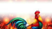 Colorful rooster with vibrant plumage stands proudly against warm bokeh background with floral elements for Chinese New Year celebrations.
