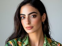 Young Middle Eastern woman with long dark hair wearing tropical print shirt against neutral background for lifestyle and fashion content.