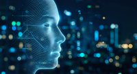 Digital wireframe human head profile with glowing neural network connections against futuristic city lights background for AI technology concepts.