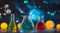 Colorful laboratory flasks with glowing liquids in green, blue, and red against dark background with bokeh lights, creating scientific atmosphere.