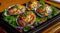 Baked oysters with melted cheese and herbs served on fresh lettuce bed. Grilled seafood appetizer garnished with greens and vegetables on dark plate.