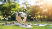 Golden cryptocurrency coin showing Earth globe with financial chart overlay against natural bokeh background, surrounded by scattered coins and sparkles.