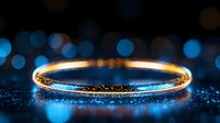 Glowing golden bracelet on dark surface with blue bokeh lights and sparkles, luxury jewelry macro photography with dramatic lighting and reflection.