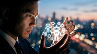 Businessman holding glowing digital technology icons and artificial intelligence symbols with city skyline at sunset in background for innovation and business concepts.