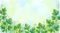Fresh green plants with water droplets arranged on soft watercolor background, ideal for spring, nature, wellness, and environmental design projects.