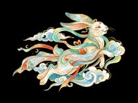 Ornate celestial rabbit with flowing ribbons and clouds in traditional Asian art style, isolated on transparent background. Great for stickers, t-shirt design, and print on demand.