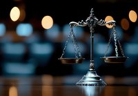 Decorative scales of justice on wooden surface with soft bokeh lights in background, symbolizing law, judgment, and legal balance in dramatic lighting.