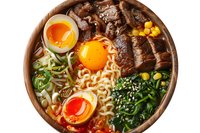 Asian noodle soup bowl with sliced beef, ramen eggs, corn, seaweed and green onions in savory broth, served in wooden bowl for restaurant menu.