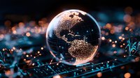 Crystal globe showing illuminated Americas continents on laptop keyboard with bokeh lights background, global digital technology concept.