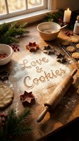 Love and Cookies written in flour on a rustic wooden table with star cutters, rolling pin, and festive holiday decorations for Christmas baking.