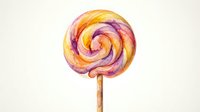 Colorful swirl lollipop with purple, pink and yellow tones on wooden stick isolated on white background, suitable for candy shop designs and confectionery graphics.