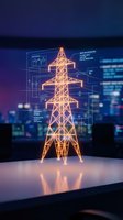 Digital holographic power transmission tower with technical blueprints and data overlays on futuristic smart city background for energy infrastructure concepts.