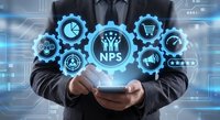 Business professional holding smartphone with glowing blue digital icons representing customer service, teamwork and technology solutions.