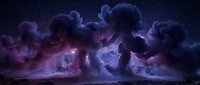 Dramatic purple and dark blue storm clouds illuminated by lightning bolts against a starry night sky over a rocky landscape.