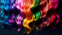 Vibrant multicolored wavy hair strands flowing against dark background showcasing rainbow spectrum from blue to red, creating dynamic movement and artistic pattern.