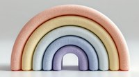 Pastel rainbow stacking toy with five arches in pink, yellow, blue, and purple colors on white background, isolated for nursery decor and children's play.