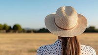 Woman in straw sun hat and polka dot dress looking at golden wheat field during sunset, back view. Peaceful rural summer scene with warm evening light.