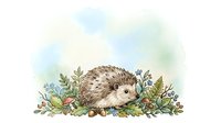 Watercolor hedgehog nestled among wildflowers, green leaves, acorns, and mushrooms on a soft pastel background for nursery decor.