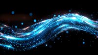 Glowing blue wave with sparkling particles and light trails flowing on black background, creating dynamic motion effect for technology and science designs.