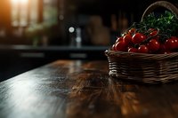 Fresh red tomatoes with green herbs in wicker basket on rustic wooden table in warm kitchen setting for cooking and food preparation concepts.