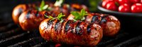 Grilled sausages with herbs on barbecue grill, perfect for summer cookouts and outdoor dining experiences.