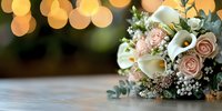 Wedding bouquet with pink roses and white calla lilies against blurred golden bokeh lights on gray surface, romantic floral arrangement with baby's breath.