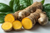 Fresh turmeric root sliced to show bright yellow flesh, whole rhizomes and green leaves arranged on white background for cooking and wellness concepts.