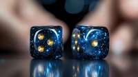 Cosmic themed gaming dice with glowing golden dots against deep blue galaxy pattern background, reflecting on dark glossy surface. For tabletop games and fantasy designs.
