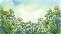 Watercolor botanical illustration featuring delicate umbrella-shaped flowers with green stems and foliage against soft, dreamy sky background. Suitable for wallpaper, textiles, and nature-themed designs.