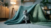 Gray cat peeking out from under a cozy green knitted blanket on a living room floor, warm lamp light and plants in background.