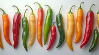 Colorful fresh chili peppers arranged in row on white background - red, orange, yellow and green hot peppers showing variety of spiciness levels and natural colors.